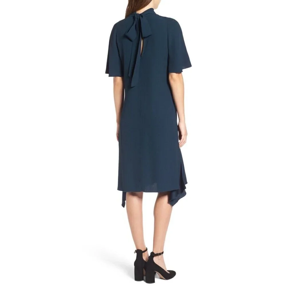 Lewit Women Green Scarab Mock Neck Back Tie Elbow Sleeve Rippling Dress Size 10 - Picture 8 of 16